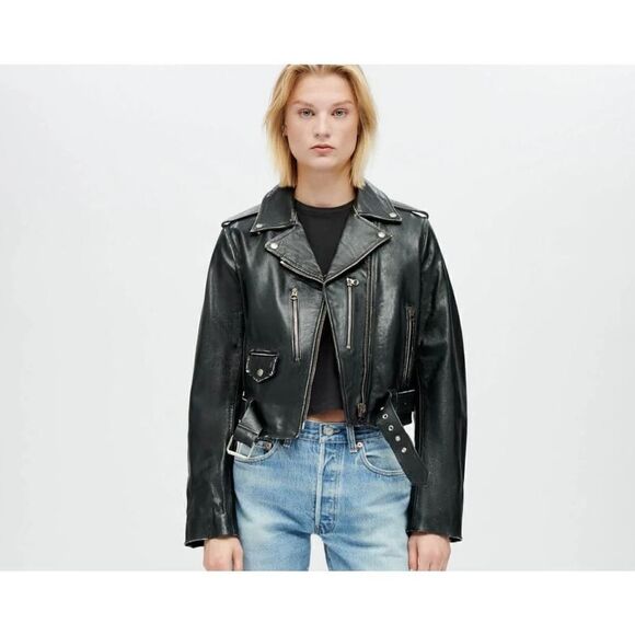 Re/Done Black Leather Racer Leather Jacket Size Small 713-06WRACRJK - Picture 1 of 7